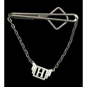 Vintage Swank H Initial Silver Tone Tie Bar With Chain